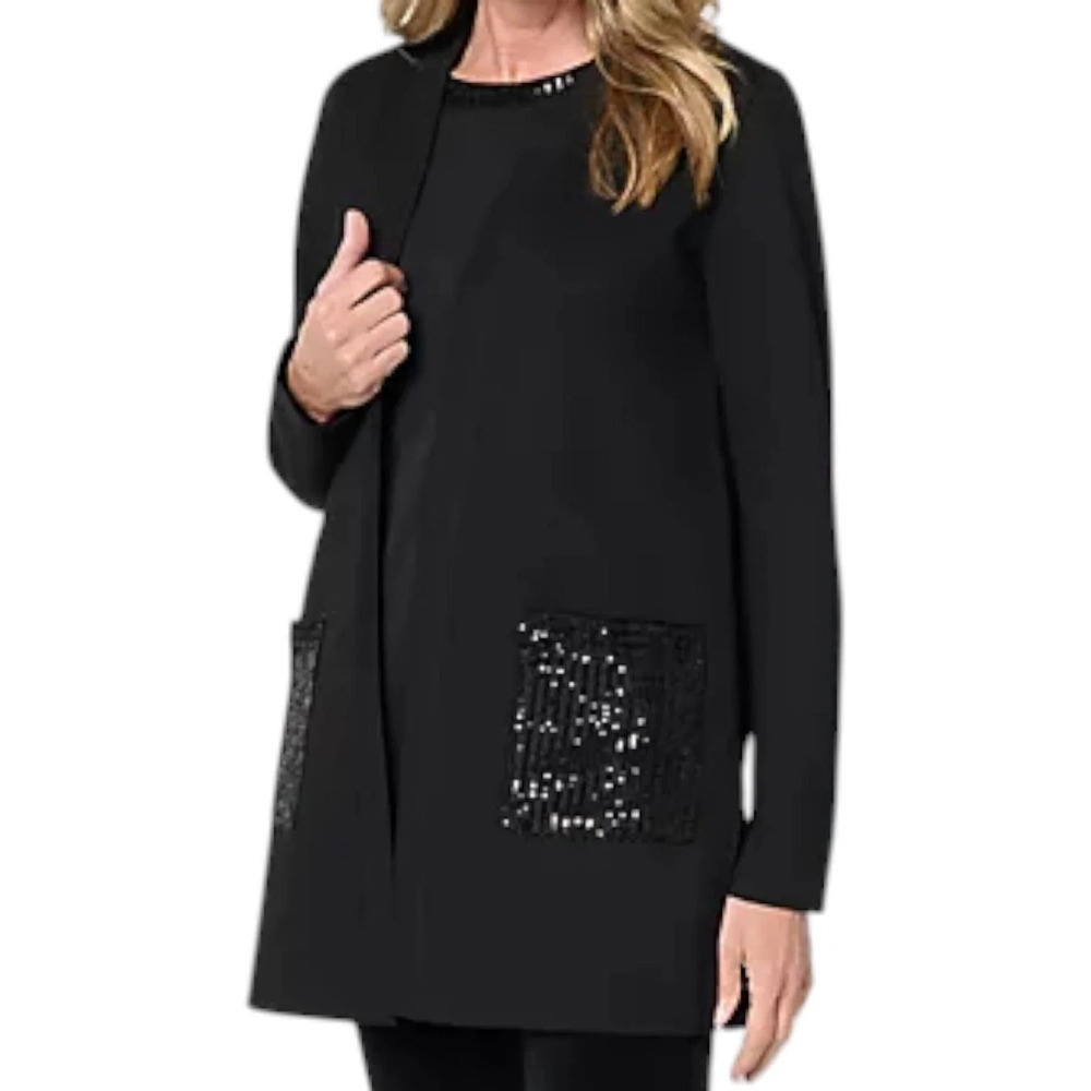 Jingle Belles by Kim Gravel Sequin Pocket Ponte Duster Cardigan Blk - Petite
